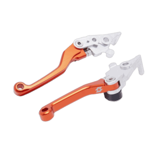 Orange and silver motorcycle brake and clutch levers for racing bikes from Grand Prix Racewear.