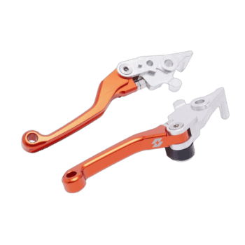Orange and silver motorcycle brake and clutch levers for racing bikes from Grand Prix Racewear.