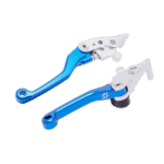 Blue and silver motorcycle brake and clutch levers from Grand Prix Racewear, designed for high-performance racing bikes.
