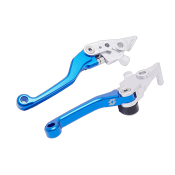 Blue and silver motorcycle brake and clutch levers from Grand Prix Racewear, designed for high-performance racing bikes.