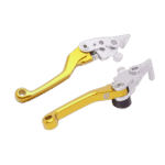 High-quality motorcycle brake and clutch levers in gold and silver for Grand Prix racewear, designed for optimal performance and durability.