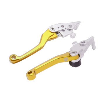 High-quality motorcycle brake and clutch levers in gold and silver for Grand Prix racewear, designed for optimal performance and durability.