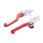 Red and silver motorcycle brake and clutch levers from Grand Prix Racewear, designed for high-performance racing bikes.