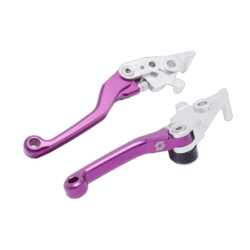 Purple motorcycle brake and clutch levers from Grand Prix Racewear, designed for high-performance racing bikes.