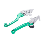 Green motorcycle brake and clutch levers for racing bikes, high-quality and durable, ideal for Grand Prix racewear and motorcycle racing accessories.