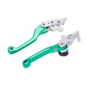 Green motorcycle brake and clutch levers for racing bikes, high-quality and durable, ideal for Grand Prix racewear and motorcycle racing accessories.