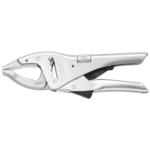 Close-up of a white racing car clamp tool used for securing racing harnesses, designed for motorsport safety equipment.