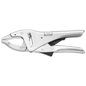 Close-up of a white racing car clamp tool used for securing racing harnesses, designed for motorsport safety equipment.