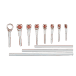 Set of Facom metric heavy-duty offset-ring wrenches with long handles and red-tipped heads for industrial use.