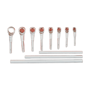 Set of Facom metric heavy-duty offset-ring wrenches with long handles and red-tipped heads for industrial use.