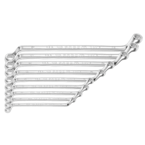 Set of Facom 55A metric offset-ring wrench sets arranged in size order on a black background.
