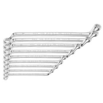 Set of Facom 55A metric offset-ring wrench sets arranged in size order on a black background.