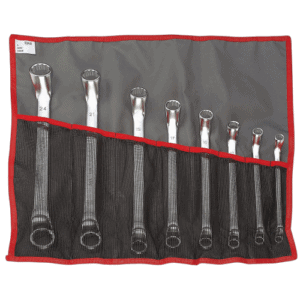 Set of metric offset-ring wrench sets 55A.JD8T displayed in a roll-up pouch for professional automotive and mechanical use.