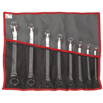Set of metric offset-ring wrench sets 55A.JD8T displayed in a roll-up pouch for professional automotive and mechanical use.