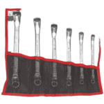 Set of six metric offset-ring wrench sets in a red and black roll-up pouch, labelled with sizes 19, 17, 15, 13, 11, and 10, ideal for automotive and mechanical work.