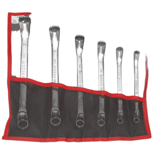 Set of six metric offset-ring wrench sets in a red and black roll-up pouch, labelled with sizes 19, 17, 15, 13, 11, and 10, ideal for automotive and mechanical work.