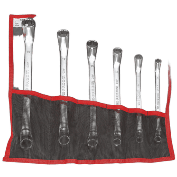Set of six metric offset-ring wrench sets in a red and black roll-up pouch, labelled with sizes 19, 17, 15, 13, 11, and 10, ideal for automotive and mechanical work.