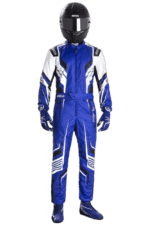 Blue and white Grand Prix racing suit with matching gloves and helmet, designed for motorsport safety and performance.