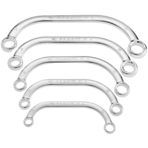 Set of five metric half-moon offset-ring wrenches in various sizes for automotive and mechanical use.