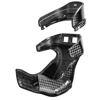 Carbon fibre Grand Prix racewear helmet shell with checkered pattern accents, designed for high-performance motorsport safety.