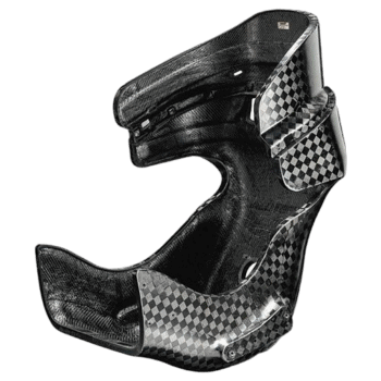 High-performance racing helmet made from lightweight carbon fibre with checkered pattern design for motorsport safety.