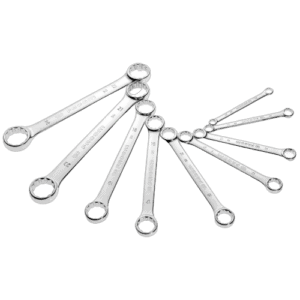 Set of Facom 59.JE12 metric straight offset-ring wrenches with sizes from 8mm to 24mm, displayed on a black background.