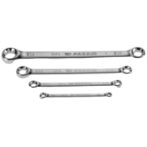 Set of four Facom straight ring wrenches with Torx profile, various sizes, made of polished chrome vanadium steel.