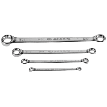 Set of four Facom straight ring wrenches with Torx profile, various sizes, made of polished chrome vanadium steel.