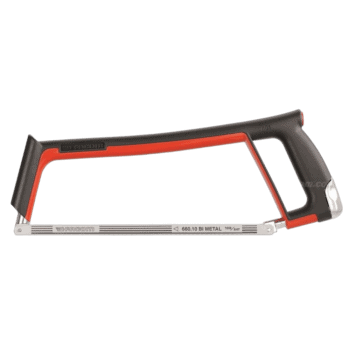 Facom hacksaw frame with black and red handle and silver blade for precise cutting tasks.