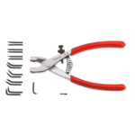 Set of racing tools including pliers, screws, and a small wrench, used for Grand Prix racewear maintenance and repairs.