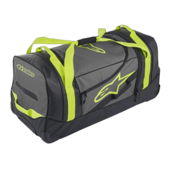 High-visibility grey and neon yellow Alpinestars racing gear bag for motorsport enthusiasts.