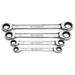 Set of Facom metric and inch straight ratchet ring wrenches with sizes 10 to 19, displayed against a black background.