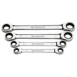 Set of Facom metric and inch straight ratchet ring wrenches with sizes 10 to 19, displayed against a black background.