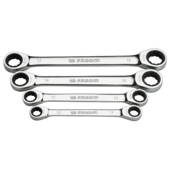 Set of Facom metric and inch straight ratchet ring wrenches with sizes 10 to 19, displayed against a black background.