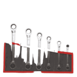 Set of metric and inch straight ratchet ring wrenches from Facom 64, displayed in a black and red tool roll.