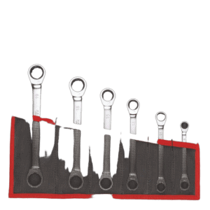 Set of metric and inch straight ratchet ring wrenches from Facom 64, displayed in a black and red tool roll.