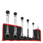 Set of Facom inch 15° hinged ratchet ring wrenches with a black and red tool roll on a black background.