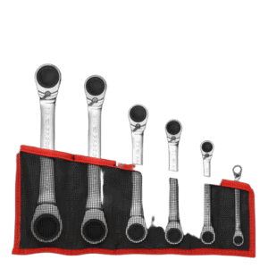 Set of Facom inch 15° hinged ratchet ring wrenches with a black and red tool roll on a black background.