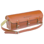 Facom leather tool bag in brown with three buckle straps and adjustable shoulder strap for professional use.