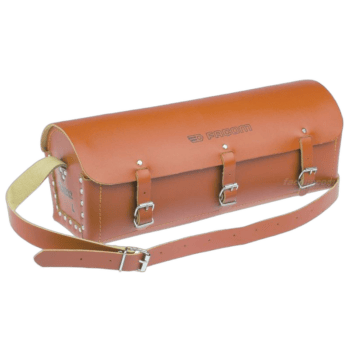 Facom leather tool bag in brown with three buckle straps and adjustable shoulder strap for professional use.