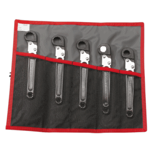 Set of Facom 70A metric ratchet flare-nut wrenches in a red and black roll-up pouch for automotive and mechanical use.