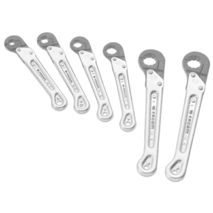 Set of Facom 70A metric ratchet flare-nut wrenches with chrome finish, varying sizes for automotive and mechanical use.