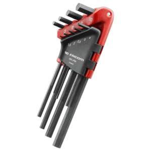 Facom key sleeve set with multiple sizes, ideal for automotive and mechanical work, featuring a red and black design for easy identification.