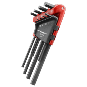 Facom key sleeve set with multiple sizes, ideal for automotive and mechanical work, featuring a red and black design for easy identification.