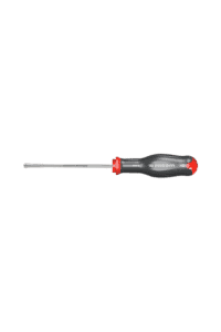 Screwdriver with a black and red handle and a metal shaft, ideal for precision work in racewear maintenance.