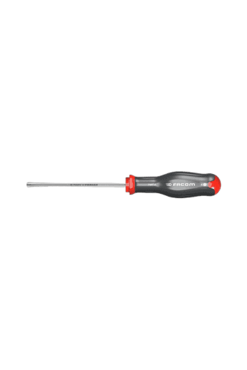 Screwdriver with a black and red handle and a metal shaft, ideal for precision work in racewear maintenance.