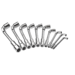 Set of metric and inch angled socket wrench sets with chrome finish, arranged in increasing size on a black background.