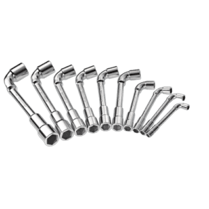 Set of metric and inch angled socket wrench sets with chrome finish, arranged in ascending order on a black background.