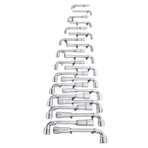 Set of metric and inch angled socket wrench sets with various sizes arranged vertically for automotive or mechanical use.