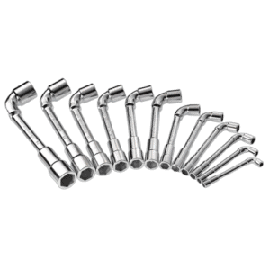 Set of metric angled socket wrench sets 76.JE16 in various sizes, made of polished chrome steel.